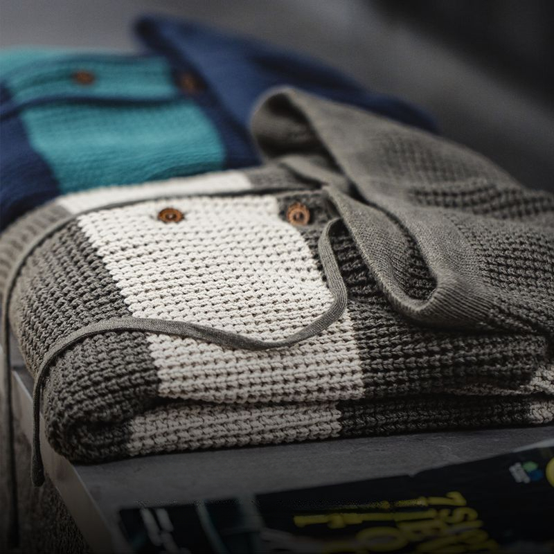  casual contrasting striped hooded knit sweater, college style sweater, loose pullover hoodie