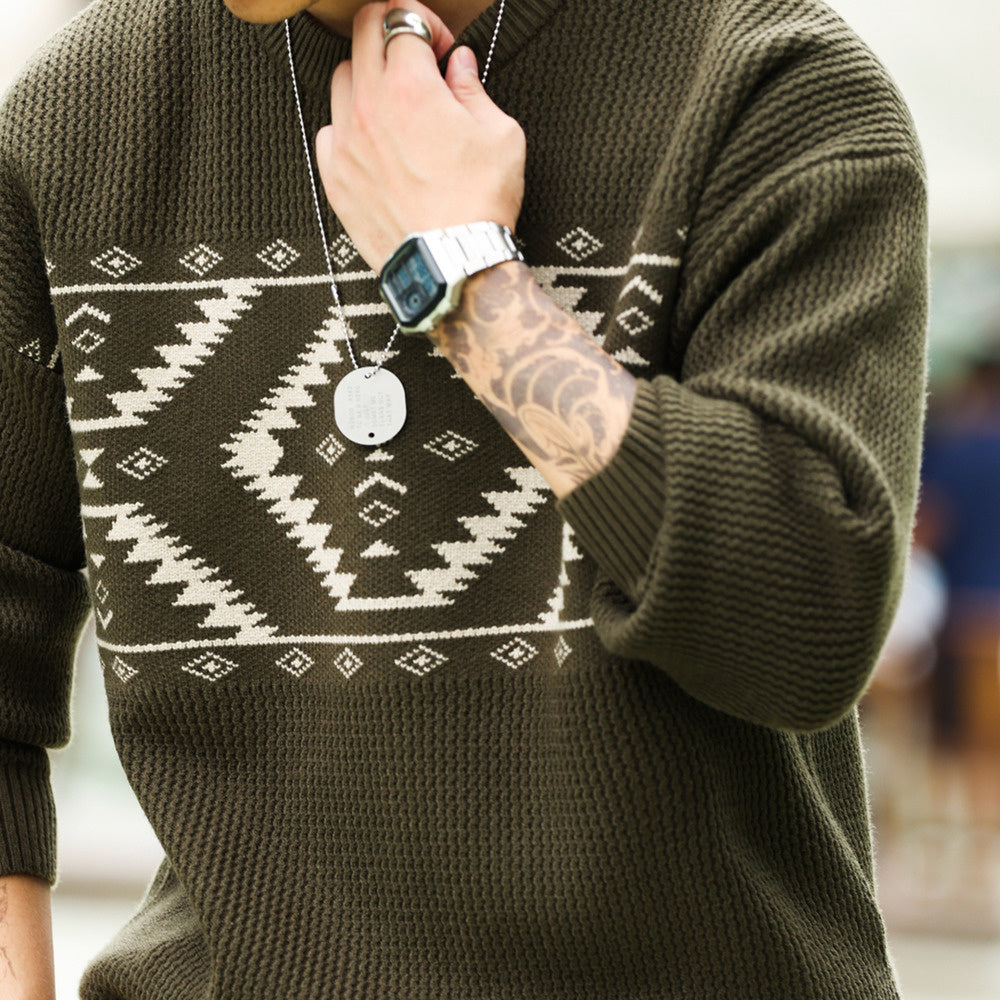 Vintage Navajo diamond jacquard sweater loose 800g heavyweight ethnic style knitted top