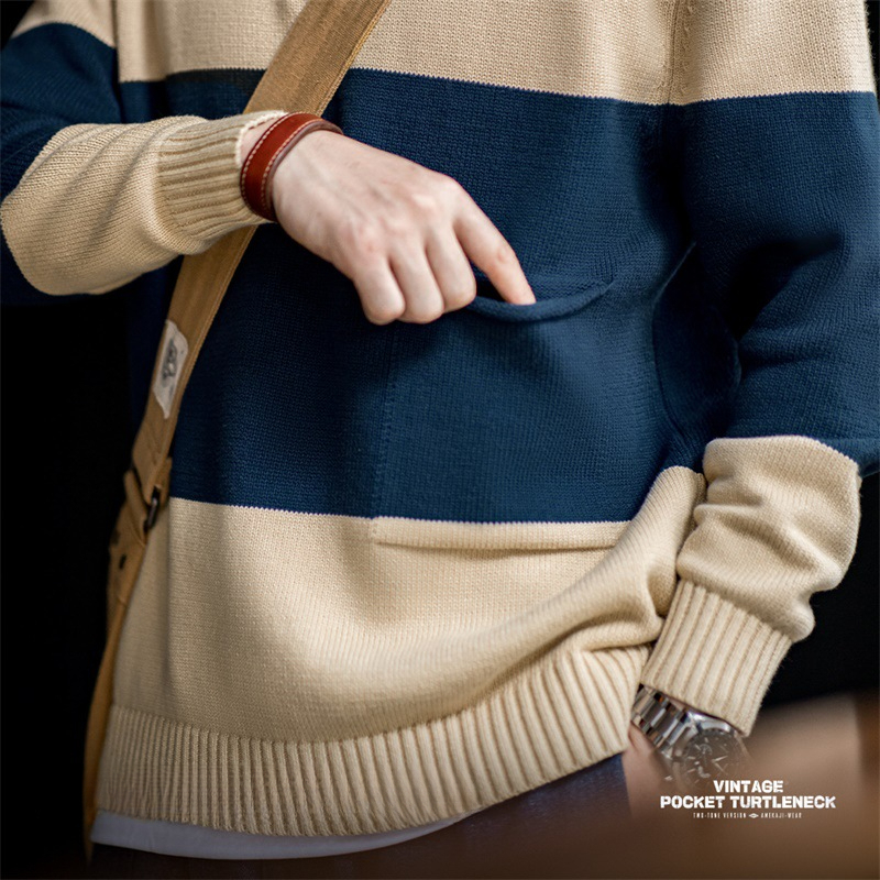 Maden Vintage Turtleneck Knit Sweater Clashing Stripes Pullover Warm Bottom Knit Sweater