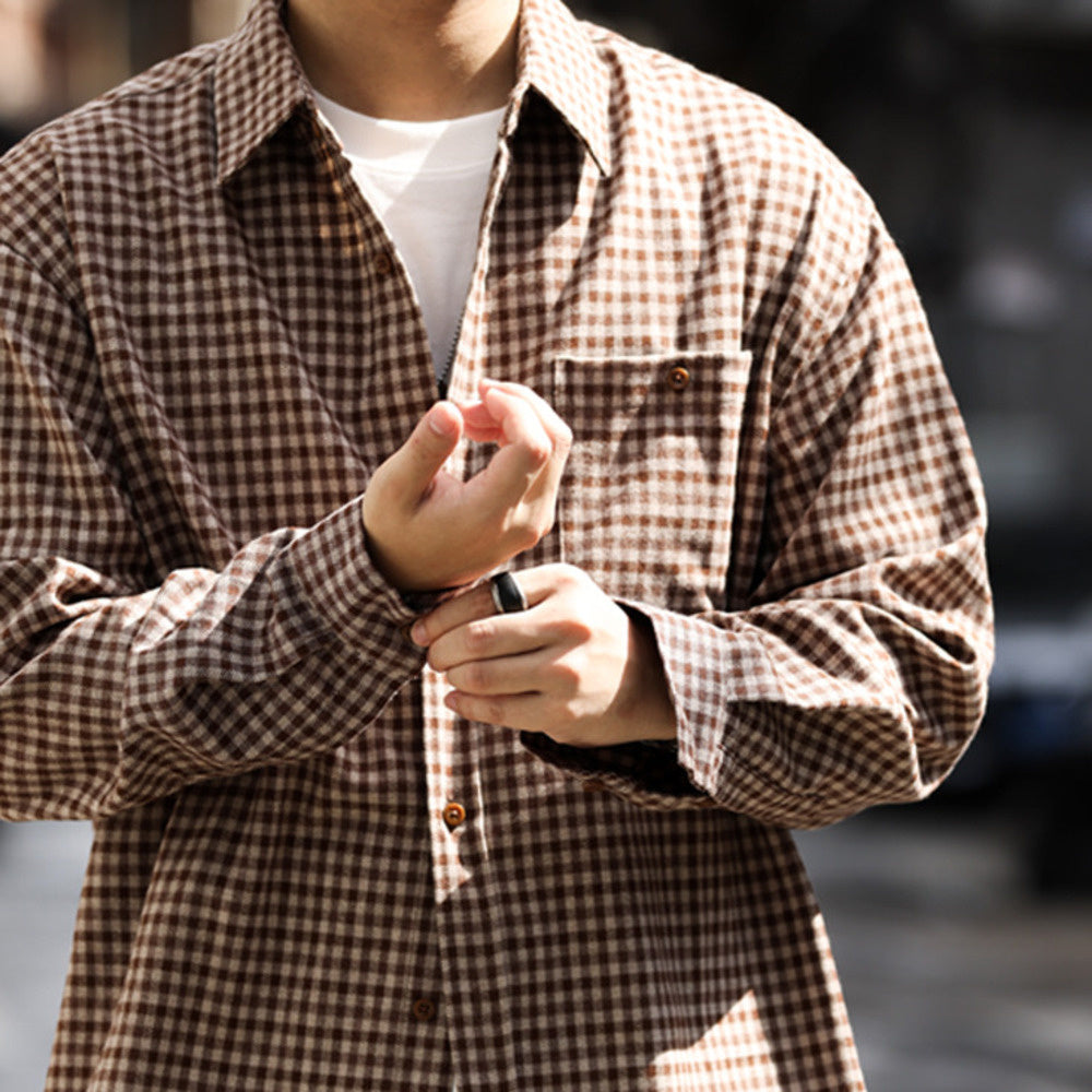 French brushed small checkered long sleeved shirt with loose casual pockets, high-end shirt jacket