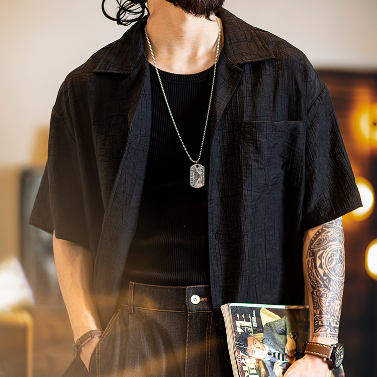 American retro Cuban collar jacquard men's summer short sleeved shirt