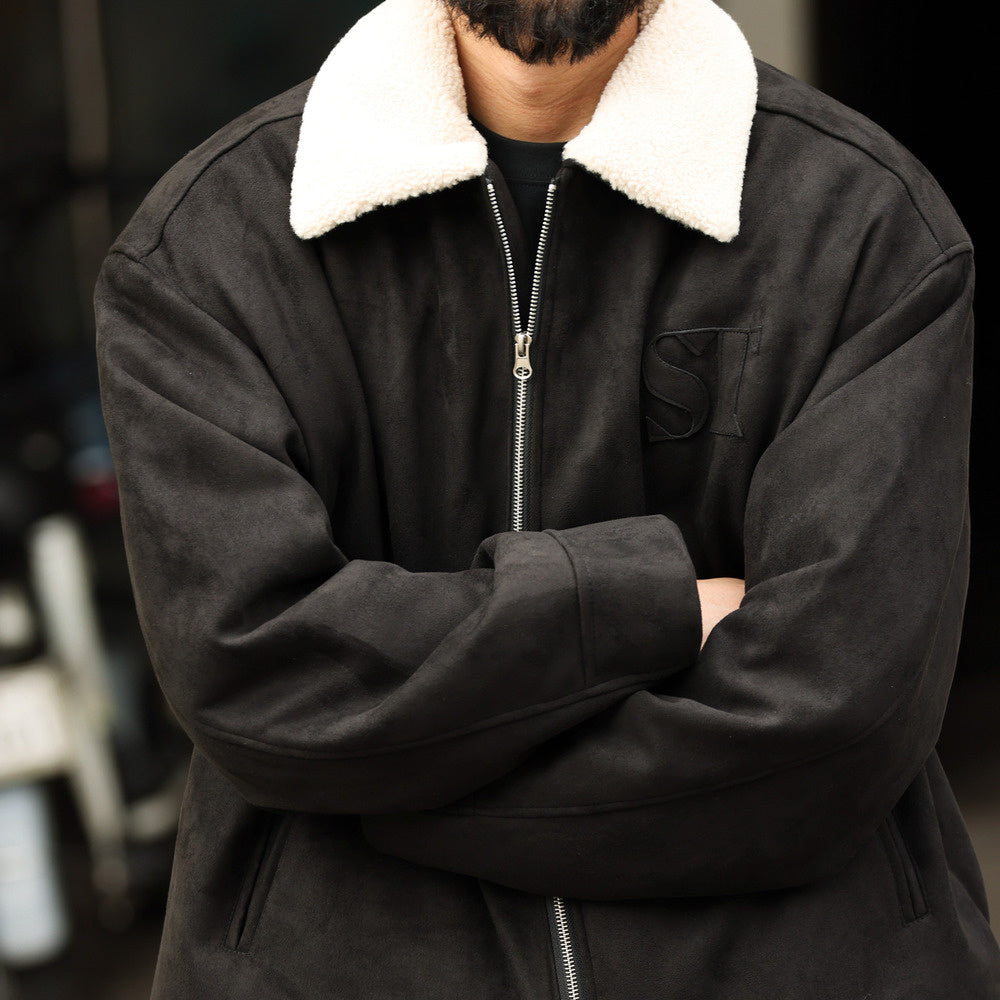 Retro vintage suede jacket, loose embroidery, thick clip cotton collar jacket, cotton jacket