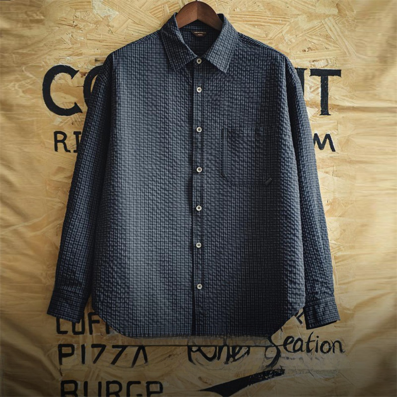 Maden retro bubble gauze plaid texture, lapel splicing long sleeved shirt jacket