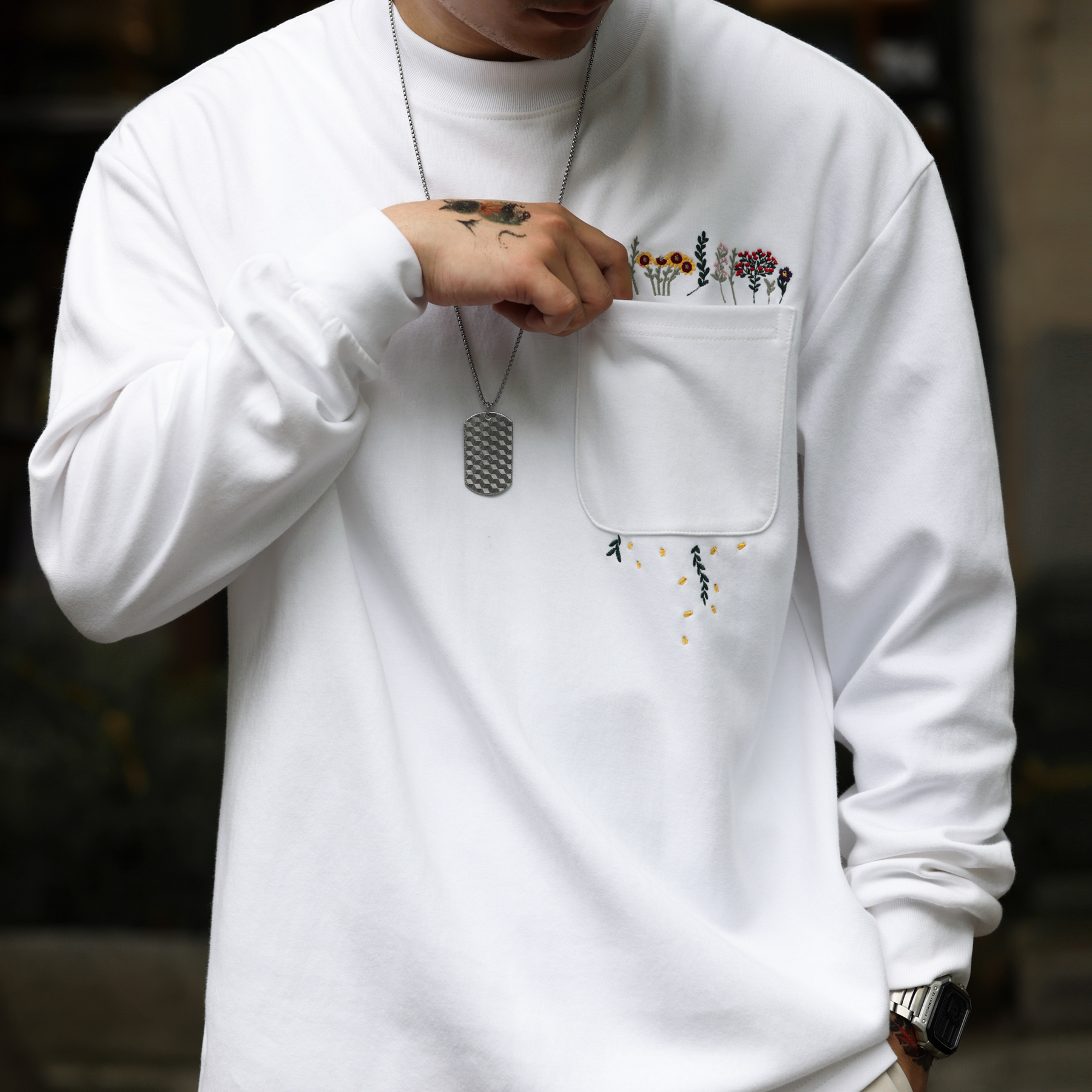 American Casual  Embroidery Men'S Loose Pocket Design 300g Long Sleeved T-Shirt