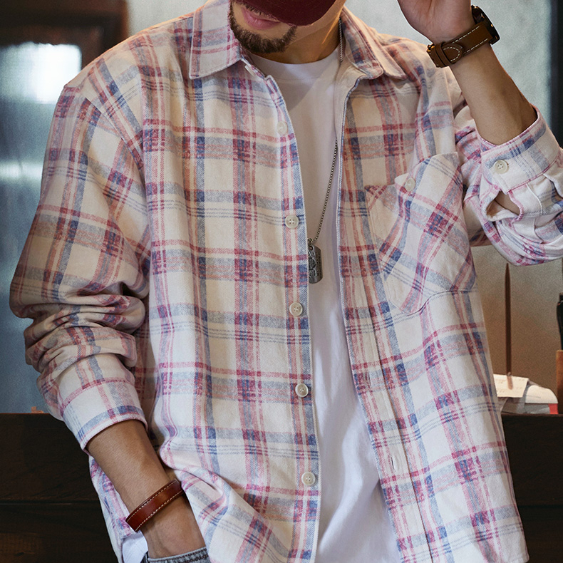 Lyocell Light Pink Men'S 2025 Autumn New Washed Plaid Shirt