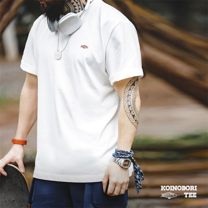 Maden Warm Color Change Lucky Short Sleeve T Japanese Retro Carp Flag Text Printed All Cotton T-shirt