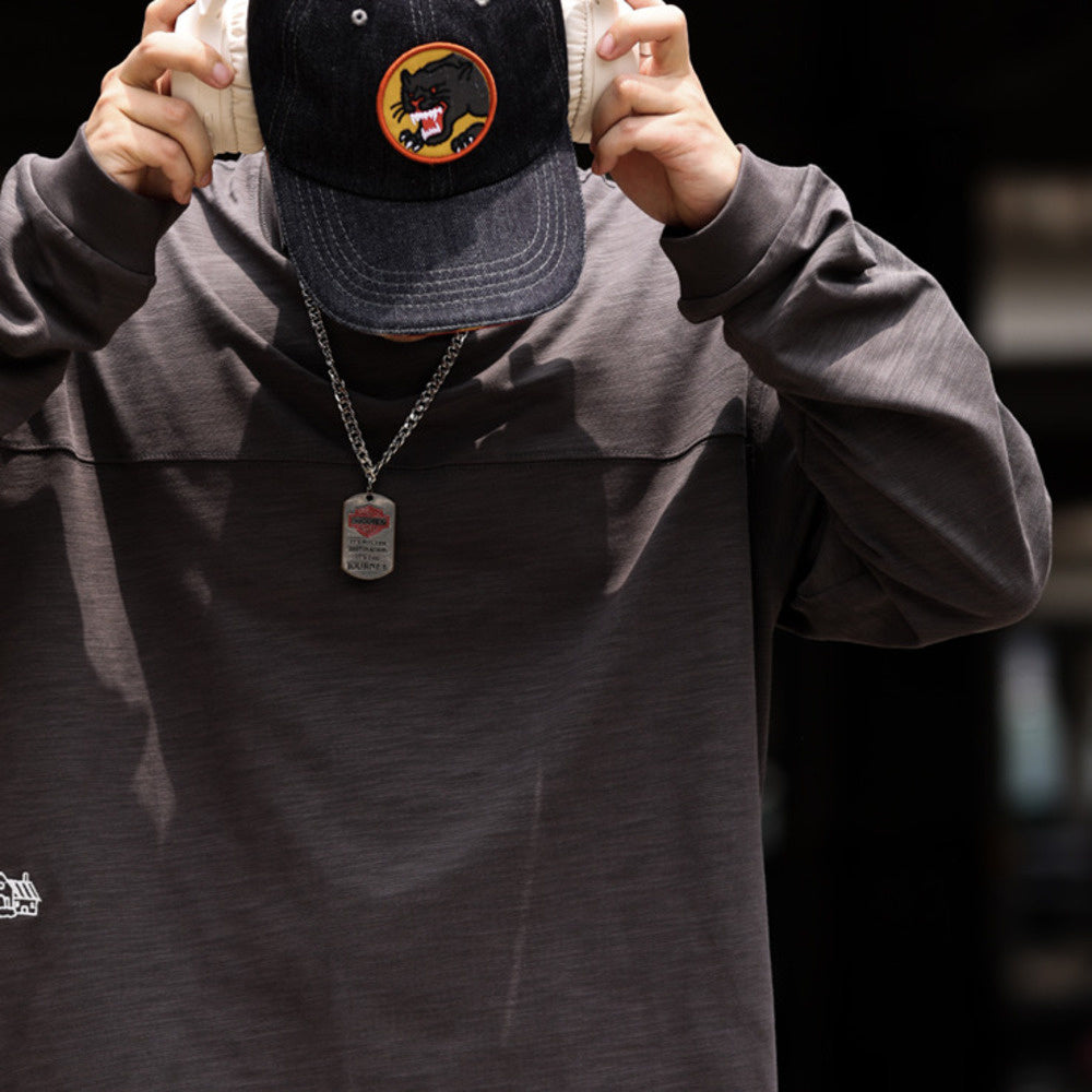 Casual 300g bamboo yarn long sleeved T-shirt with men's texture splicing design embroidered base shirt