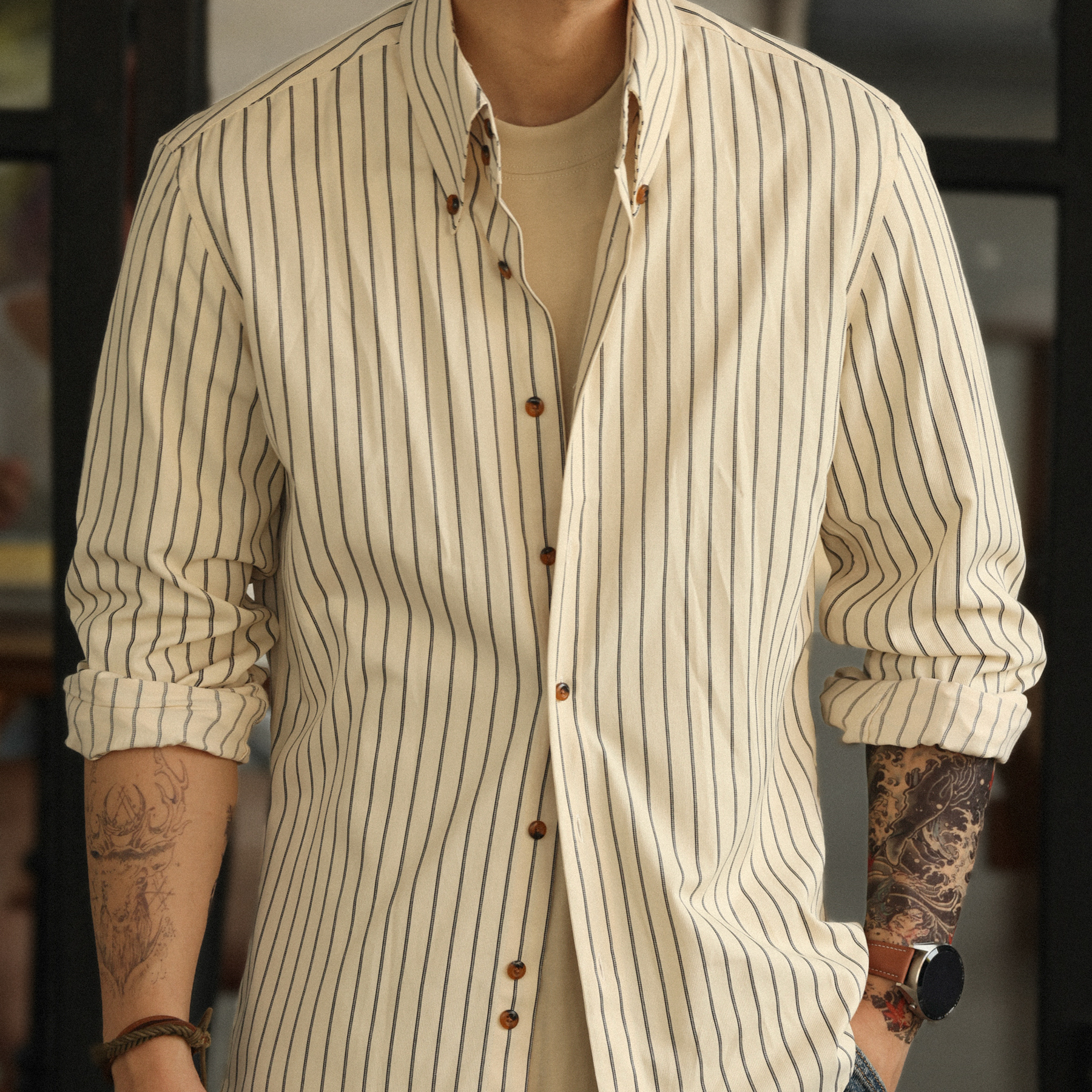 American Retro Thin Coffee Striped Men's  Slim Fit Commuting Casual Shirt