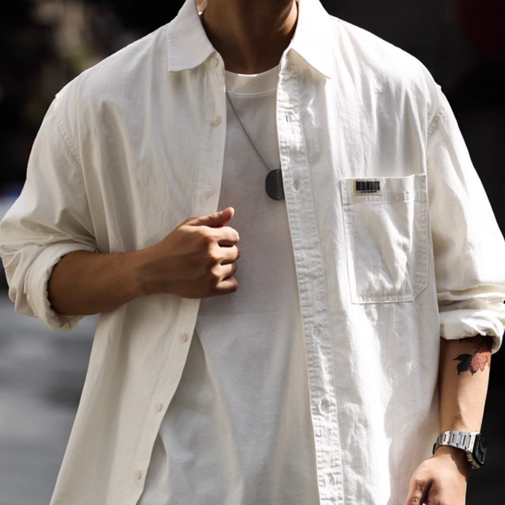 Casual, simple, solid color pockets, high-end feel, layered on top, long sleeved shirt with inner lining