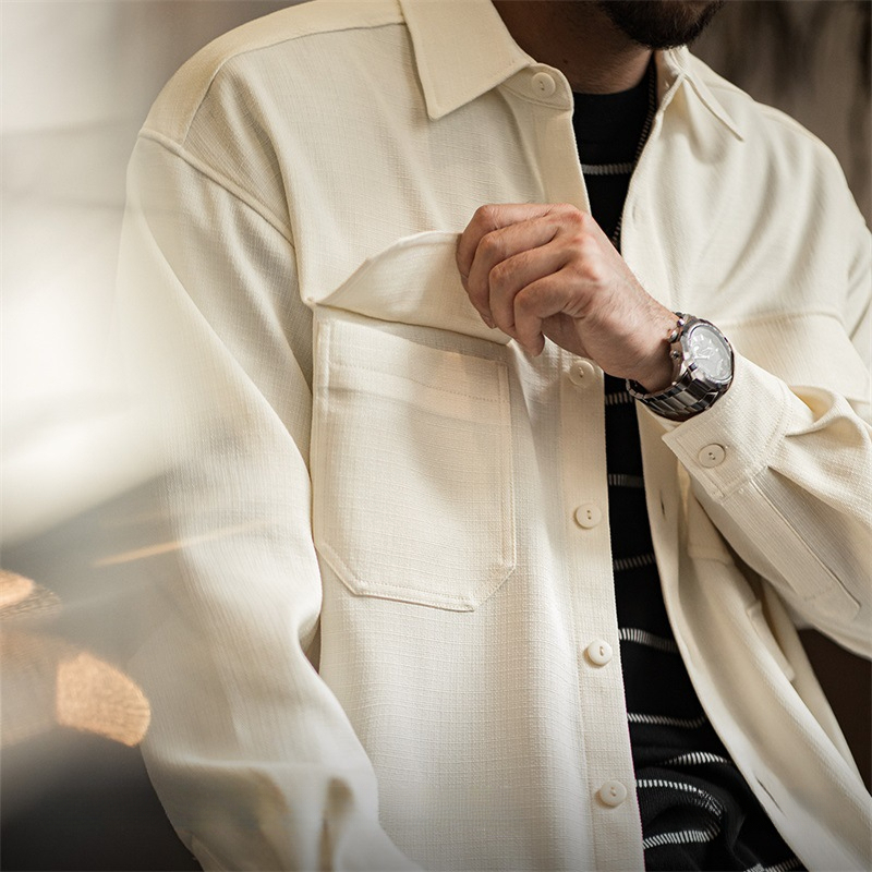 Maden casual silhouette wrinkle free long sleeved shirt with loose collar pockets, shirt jacket