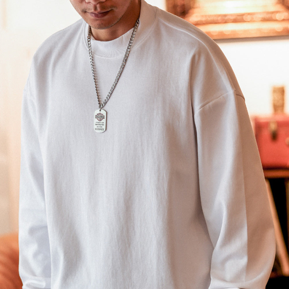 Casual 305g semi high neck long sleeved T-shirt for men, wide cut, autumn white, bottom layer shirt, trendy