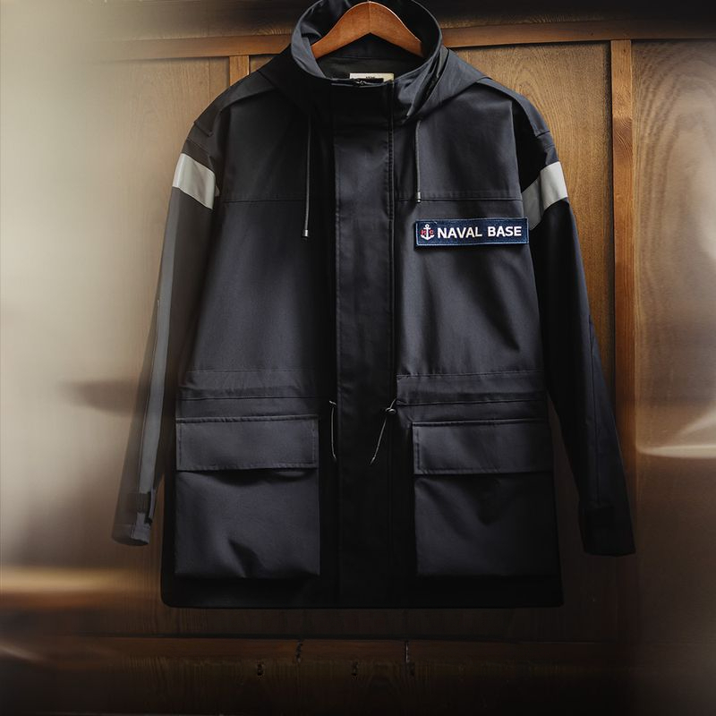 Maggoed Vintage Mid-Length Navy Parker Trench Coat Loose Windproof Hooded Jacket Coat