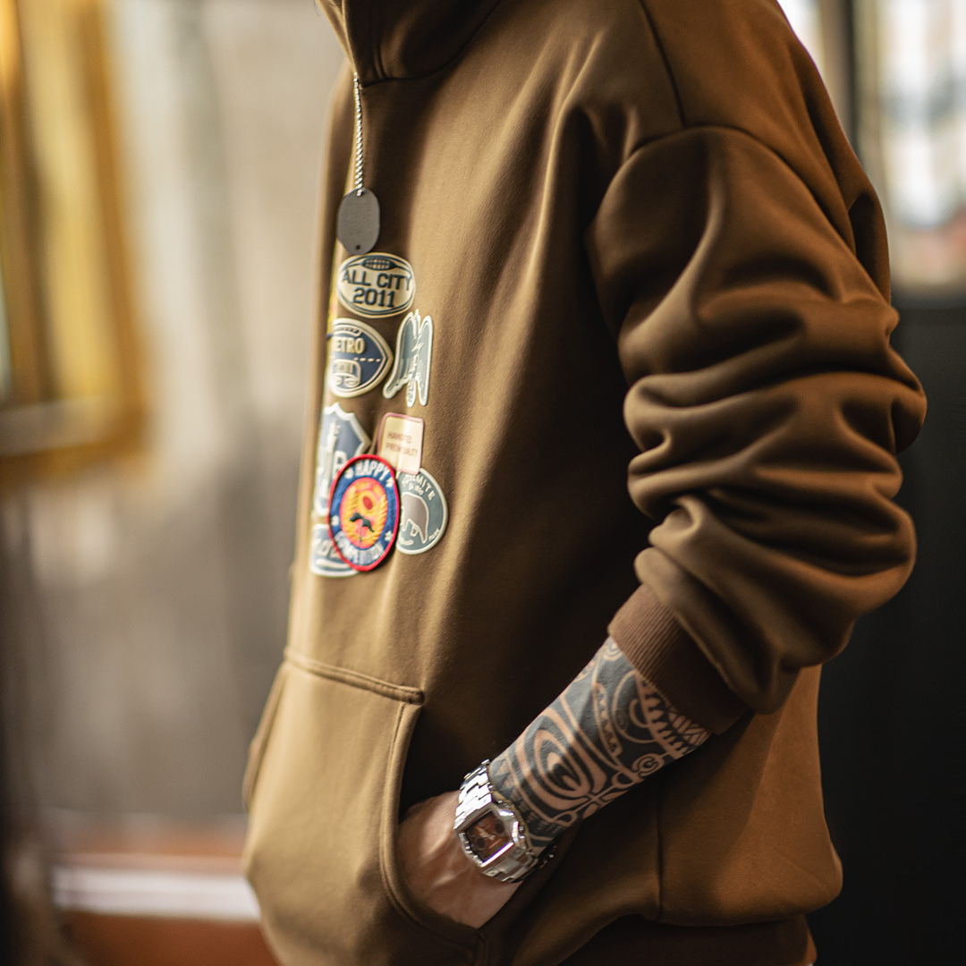 American Brown Emblem Embroidered Velvet Knitted Maillard Loose Hoodie