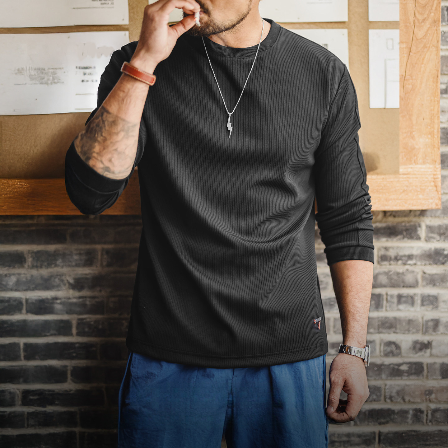 American 3D Pit Strip White Thin Knitted Base Long Sleeve T-shirt