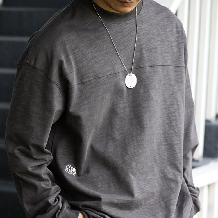 Japanese casual 300g heavyweight bamboo cotton long sleeved loose embroidery crisp feeling layered bottom T-shirt