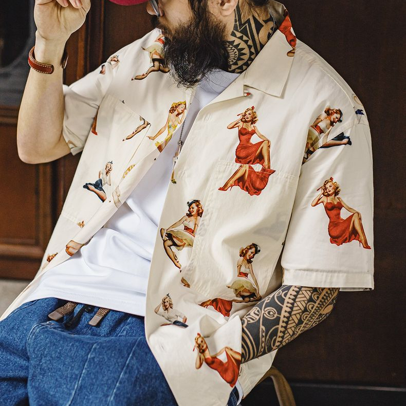 American Retro Full Print Cuban Collar Hawaiian Beach Short Sleeved Shirt