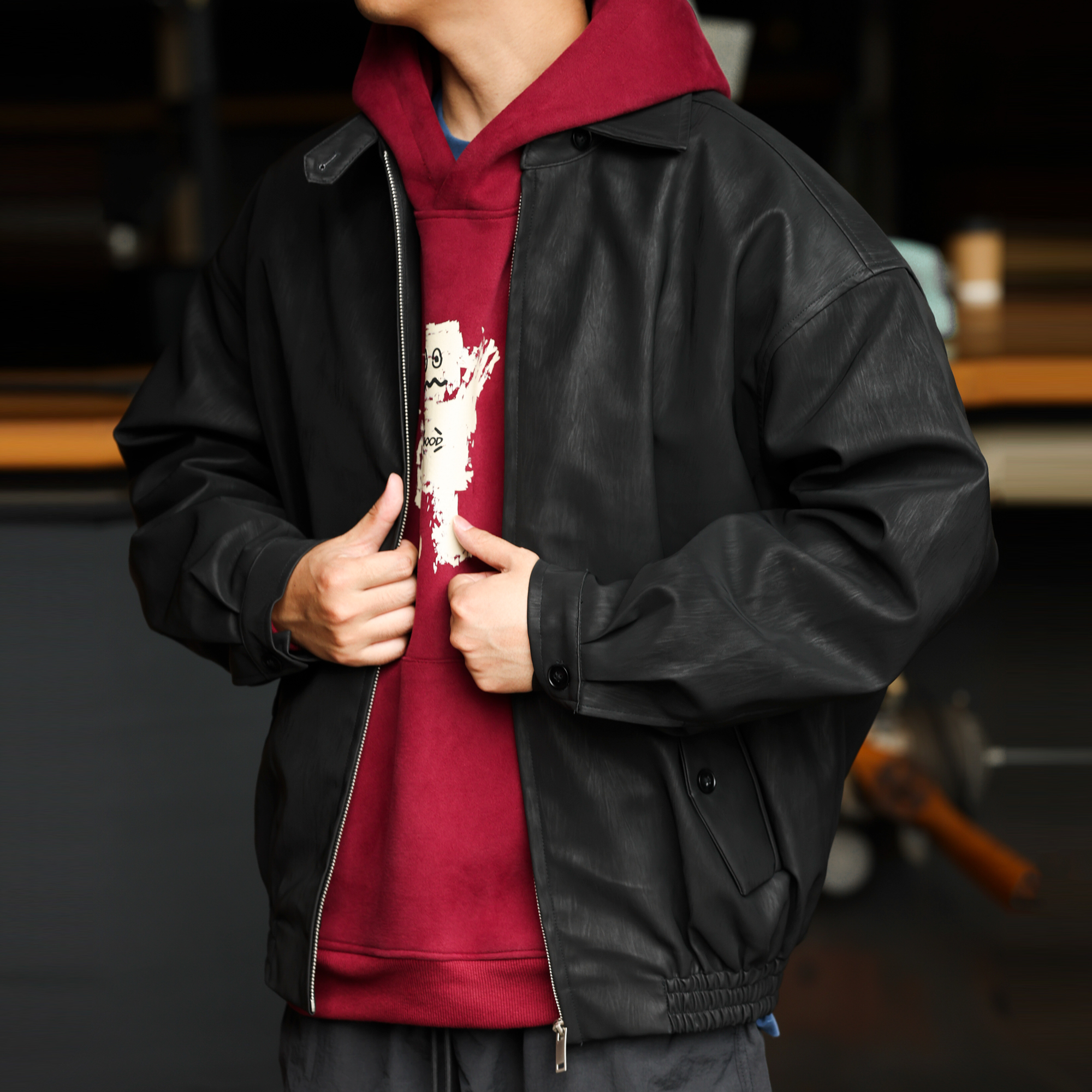 American Retro Harrington Men's PU Bark Pattern Rascal Handsome Coat