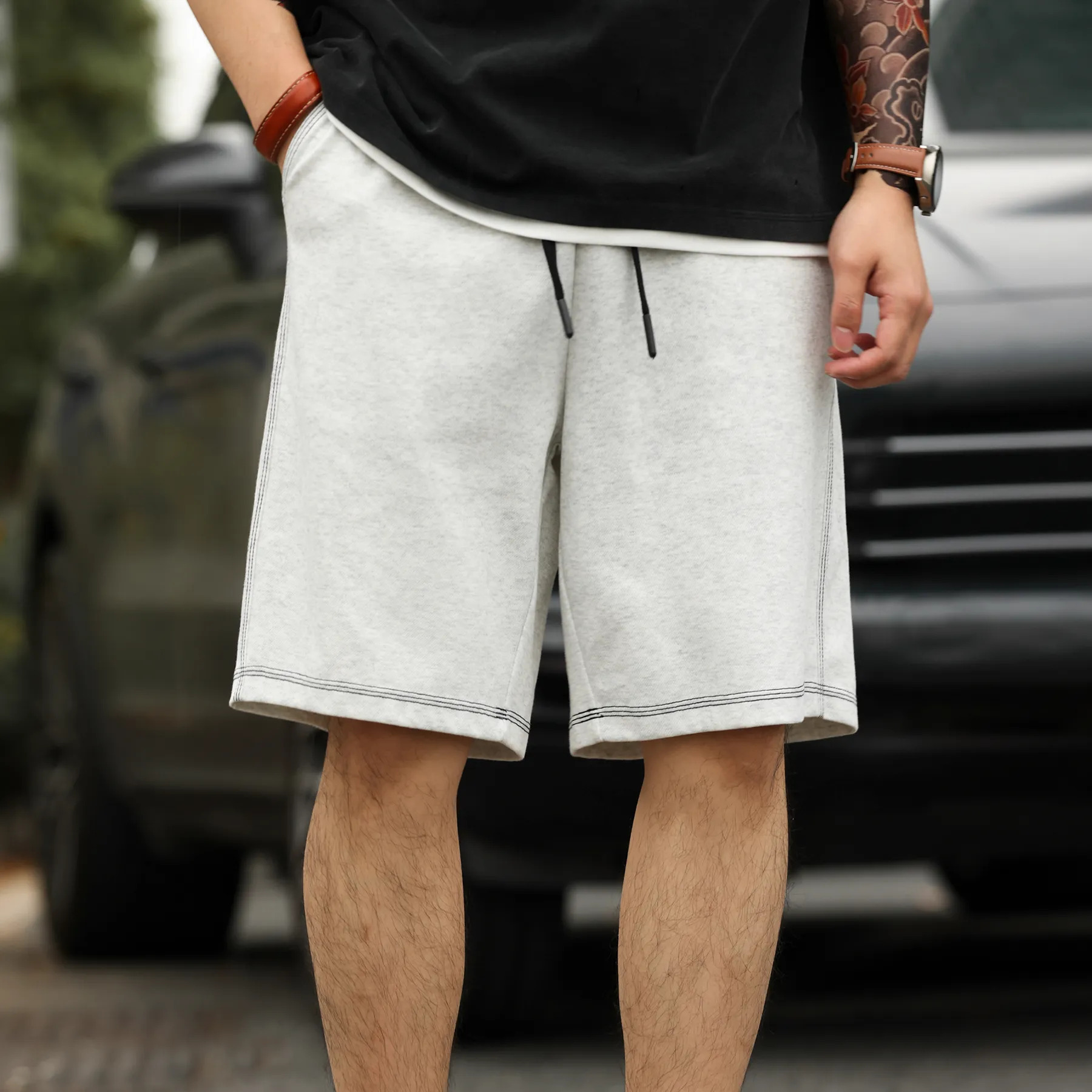American casual contrasting men's loose drawstring sports shorts