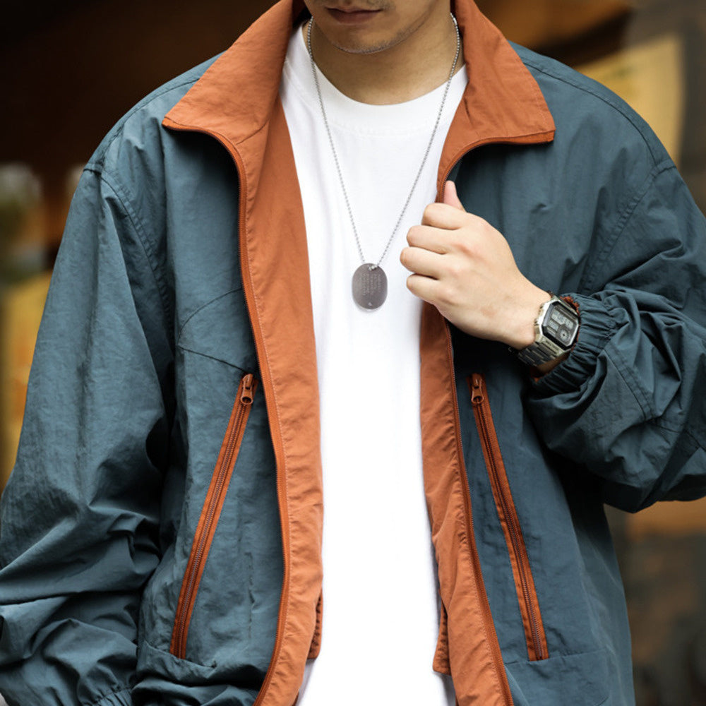 Casual double-sided shuttle woven assault jacket, loose multi pocket stand up collar jacket
