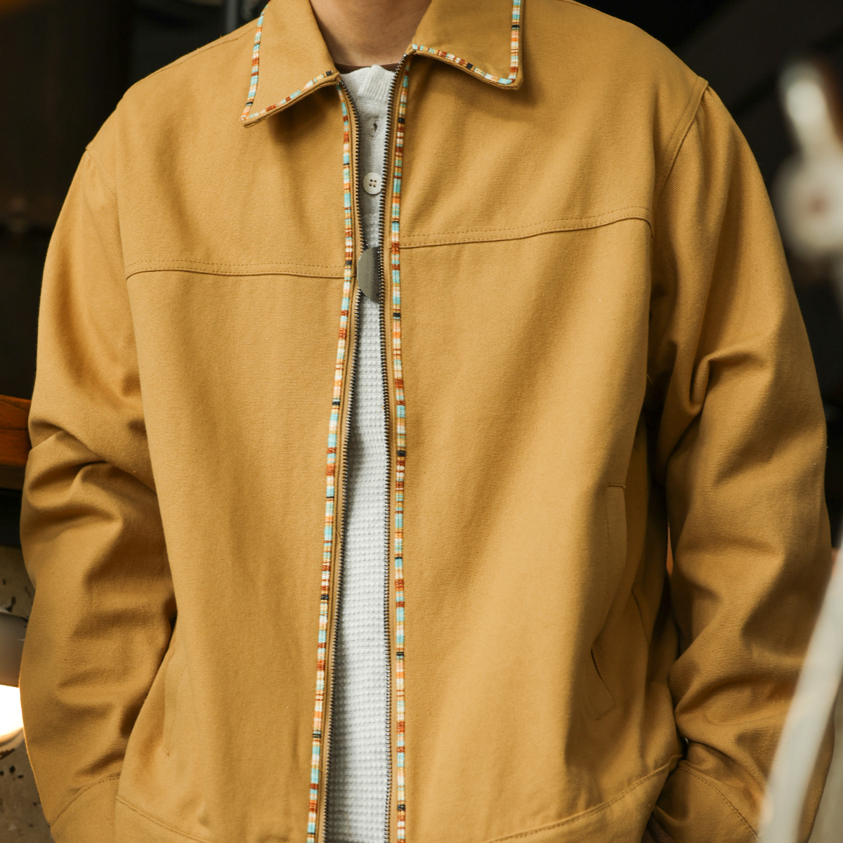 American Retro High-End Canvas Men'S Woven Stripe Design Lapel Workwear Jacket