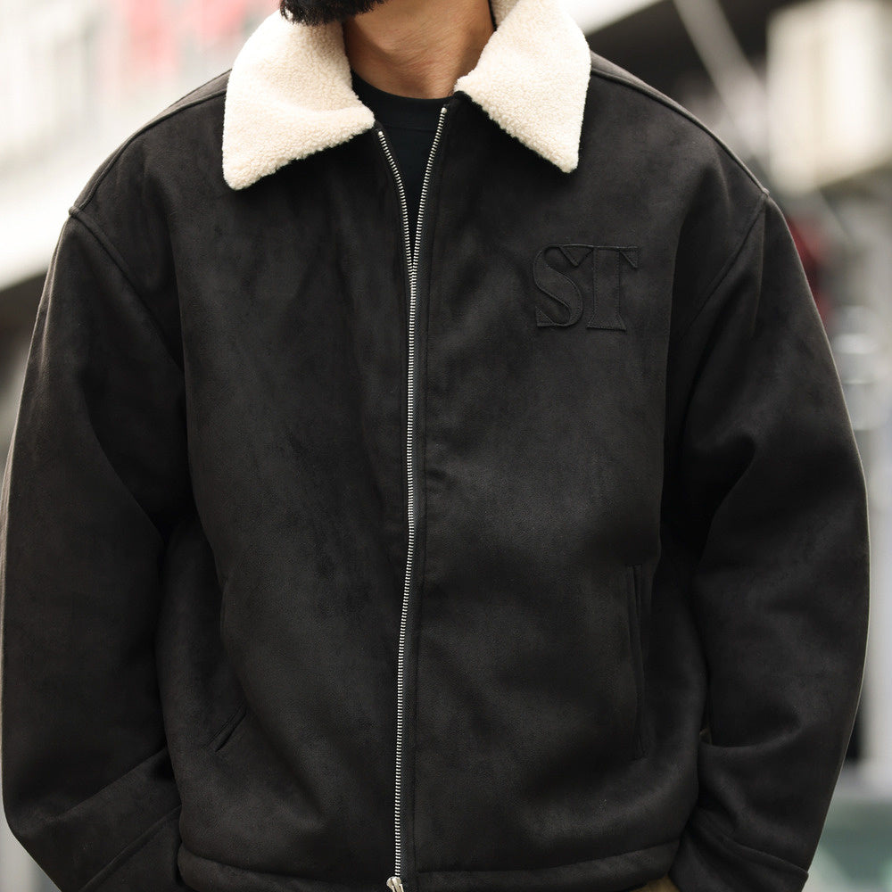 Retro vintage suede jacket, loose embroidery, thick clip cotton collar jacket, cotton jacket