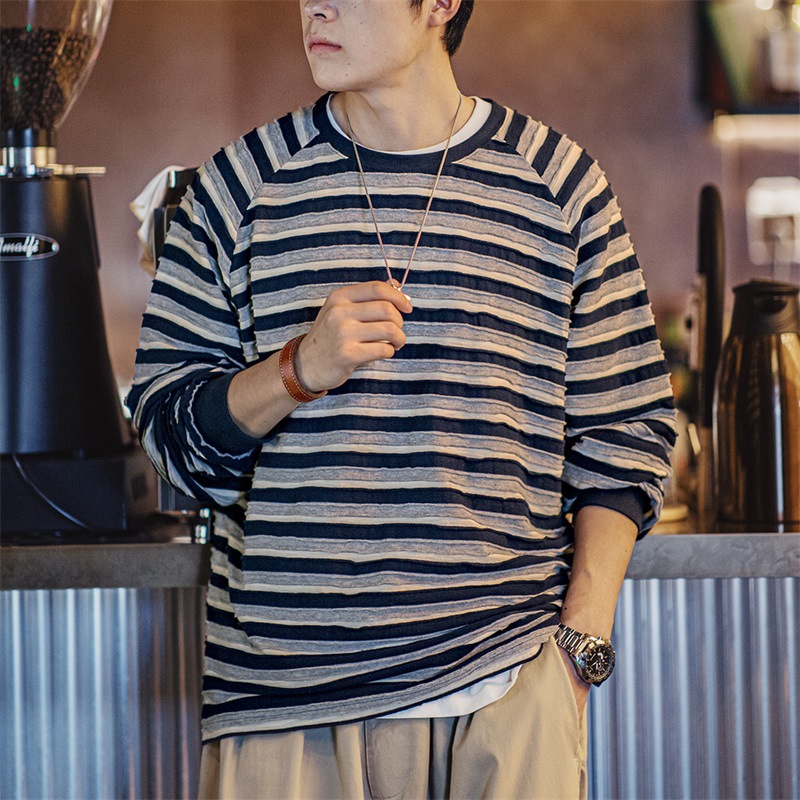 Maden Casual HAILANG Three-Dimensional Striped T-shirt Contrast Color round Neck Raglan Sleeve Knitted Bottoming Shirt