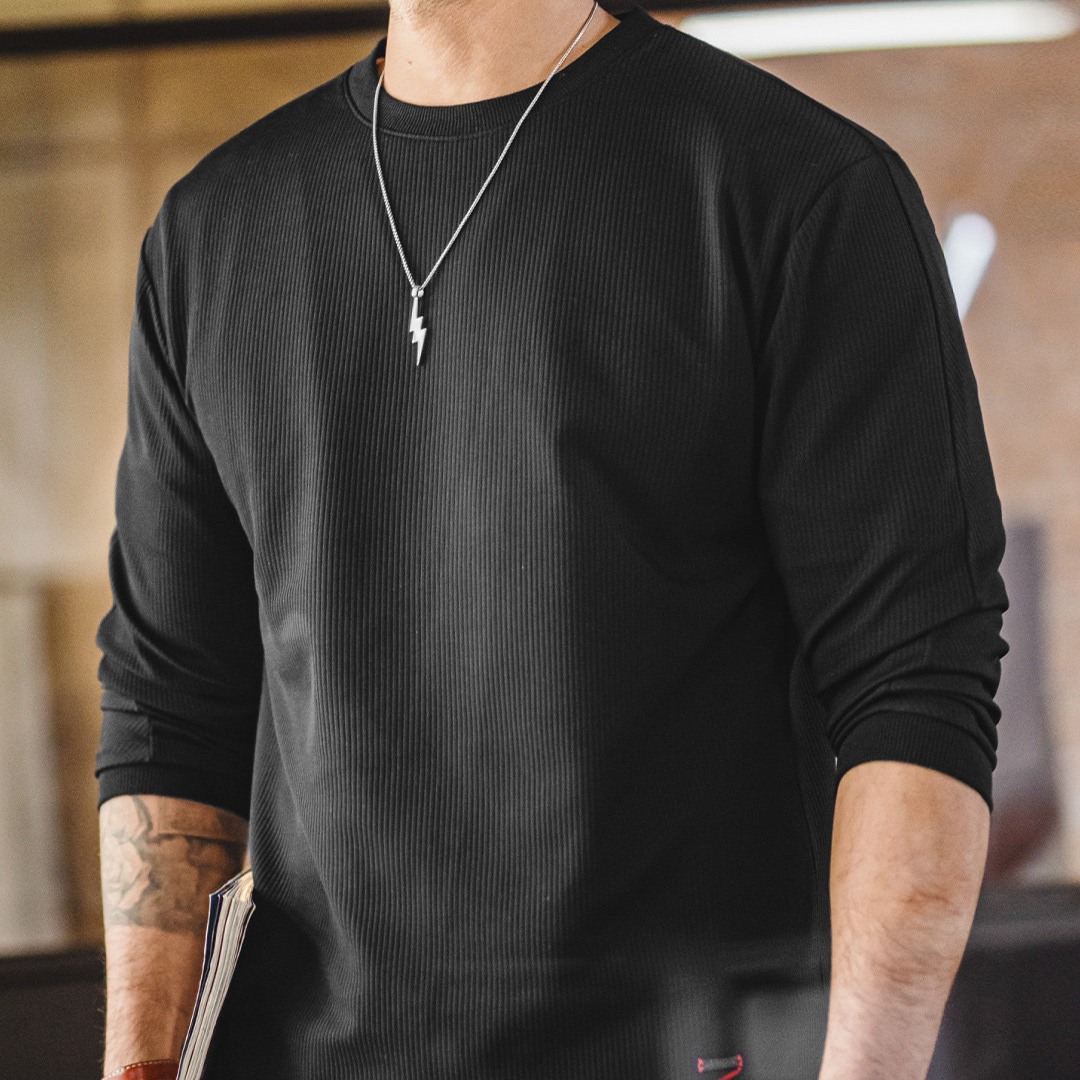 American 3D Pit Strip White Thin Knitted Base Long Sleeve T-shirt