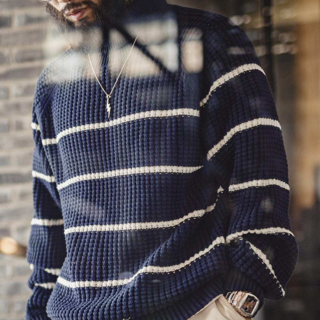 American Retro Striped Raglan Sleeve High Neck Knitted Pineapple Pattern Sweater