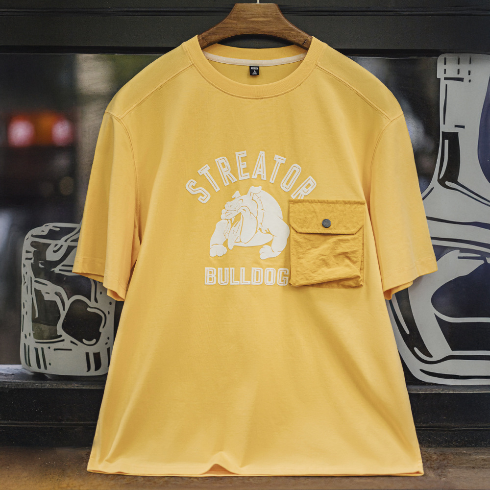 American printed men's loose shoulder sleeves with ginger thread collar pockets T-shirts