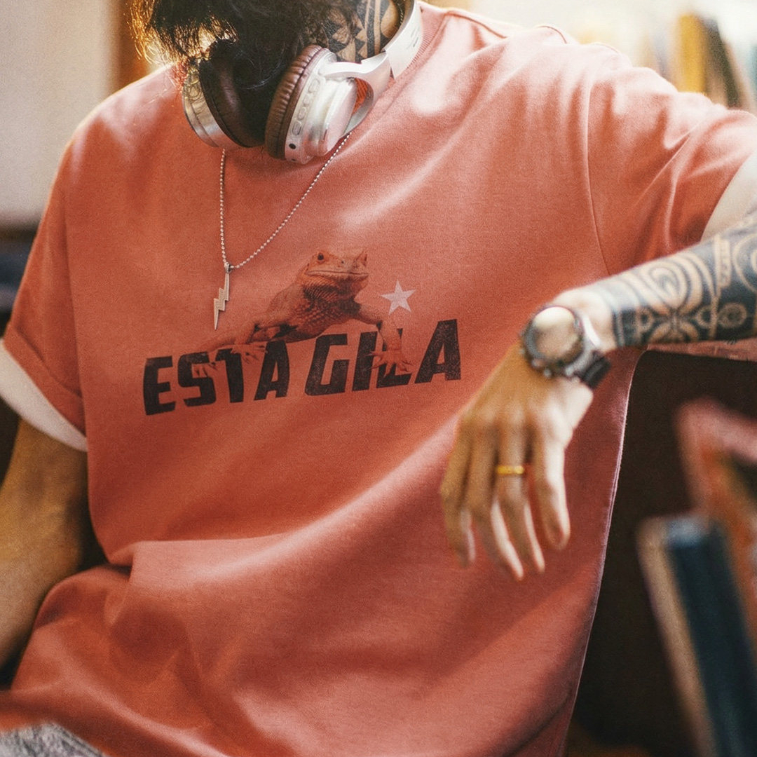 American Retro Printed Round Neck Shoulder Down Sunset Orange Red Knitted Short Sleeved T-Shirt