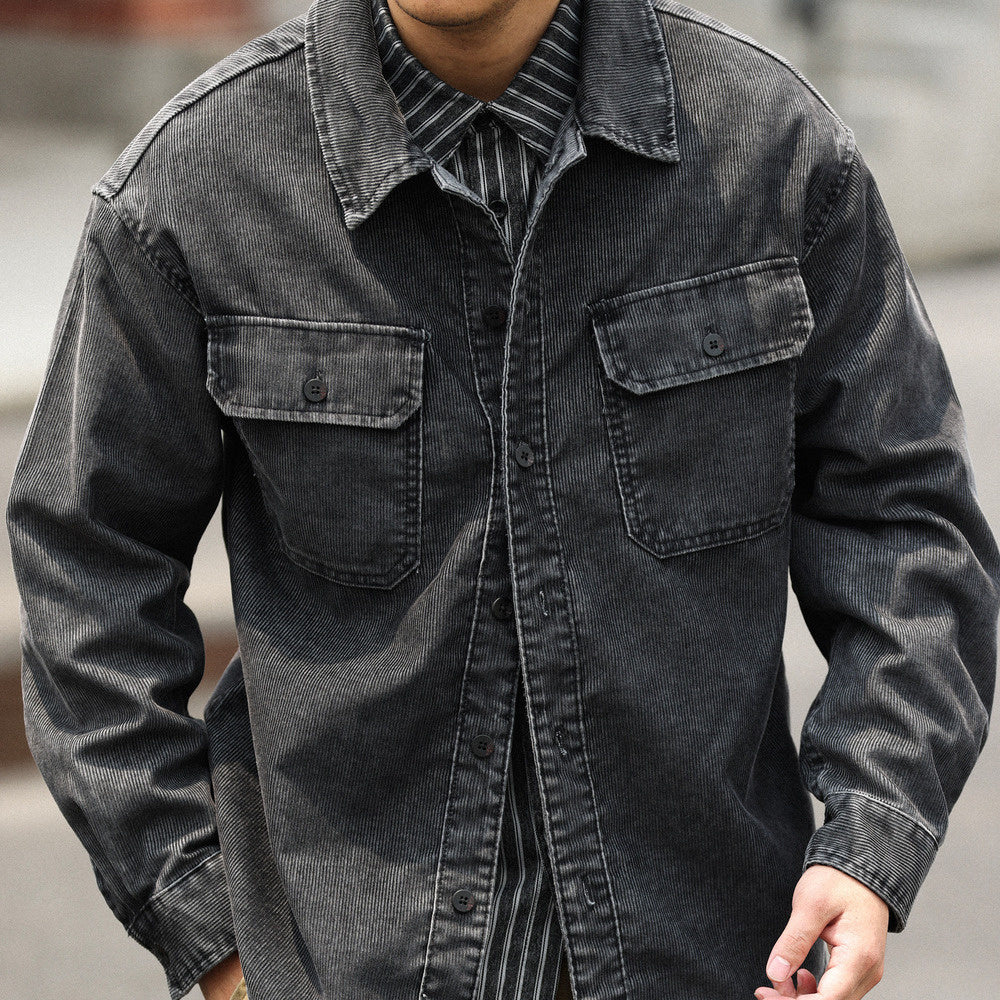 Casual Washed Long Sleeve Corduroy Shirt Layering Overlay 16 Pit Striped Textured Shirt