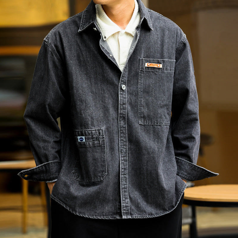 Workwear Long Sleeve Denim Shirt Loose Lapel Peplum Vintage Sense Casu