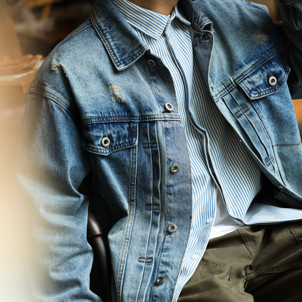 Heavy Industry Stone Grinding Water Washed Cowboy Jacket Men's Micro Wide Short Flip Collar Casual Jacket