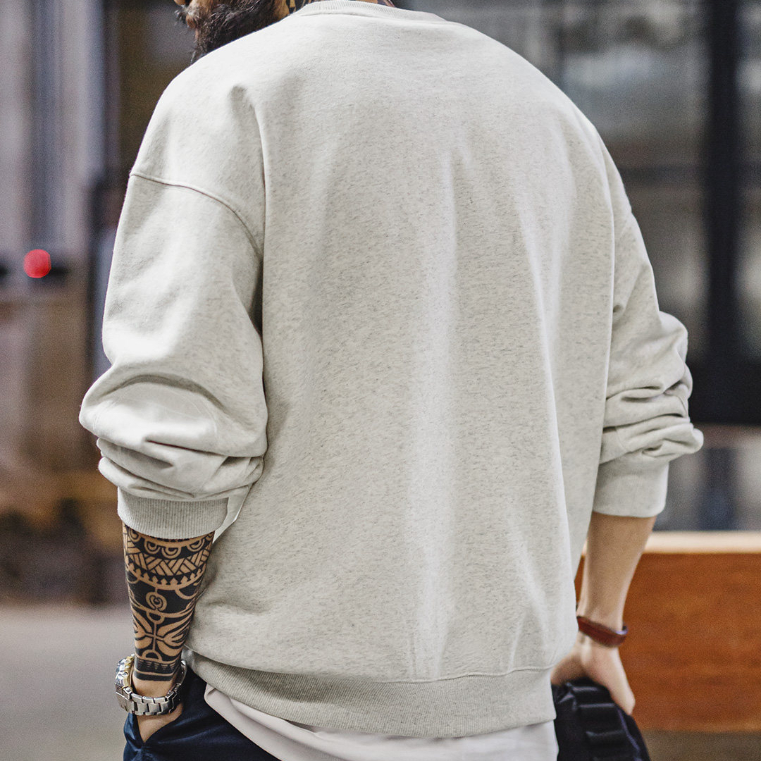 American Printed Gray Round Neck Loose Shoulder Long Sleeved T-Shirt