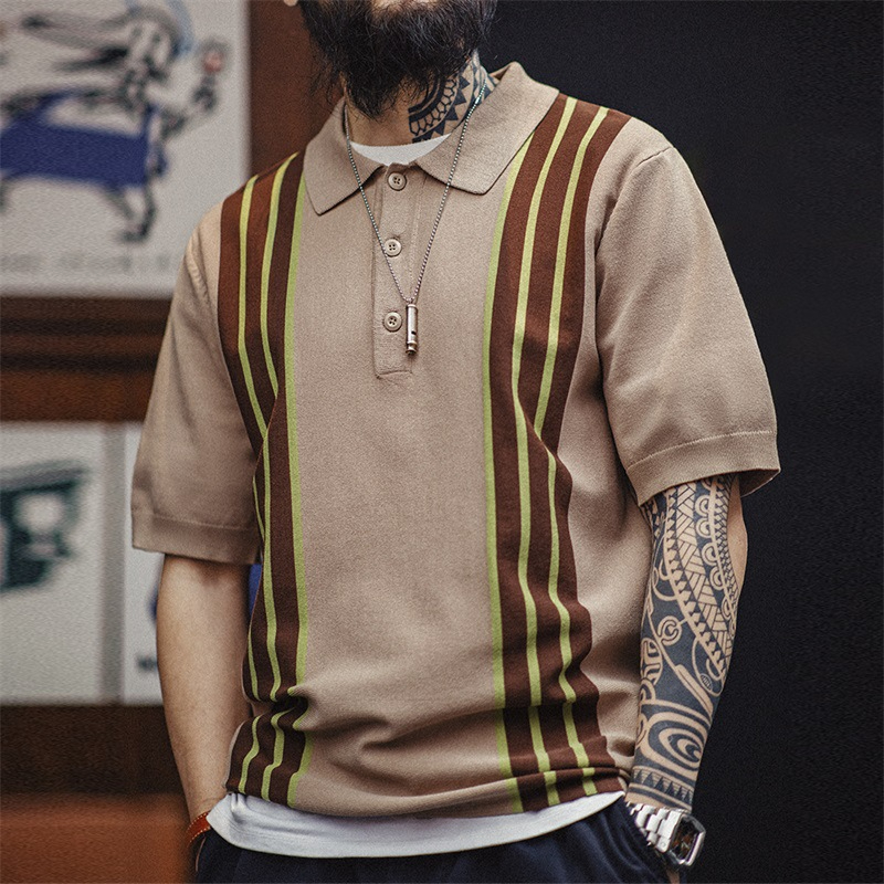 Maden Vintage Knitted Polo Bowling Shirt Yapi Contrast Striped Polo Collar Short Sleeve T-Shirt