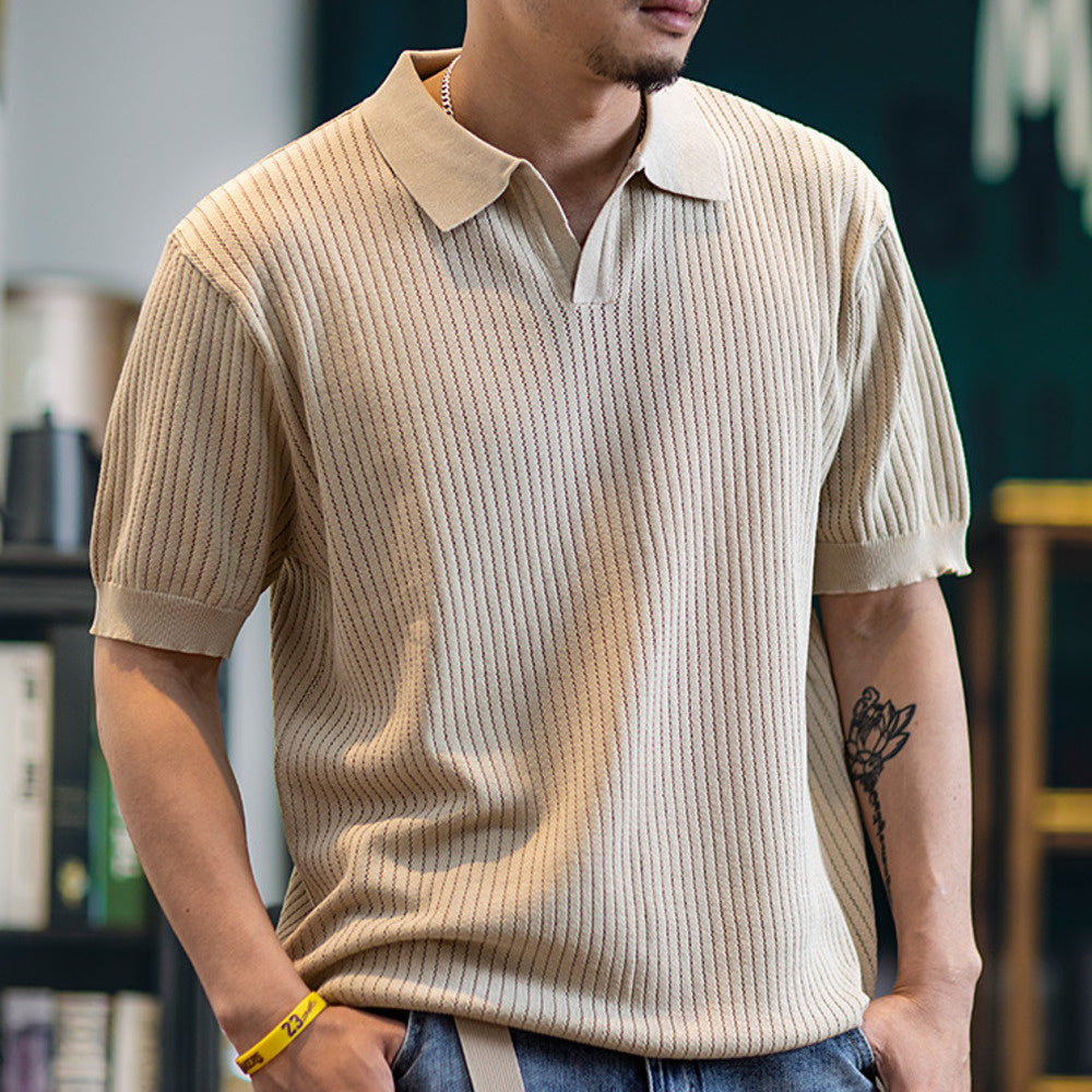 American V-neck Men's New Loose Knitted Shirt Summer Solid Color Collar Top