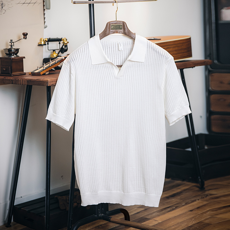American V-neck Men's New Loose Knitted Shirt Summer Solid Color Collar Top