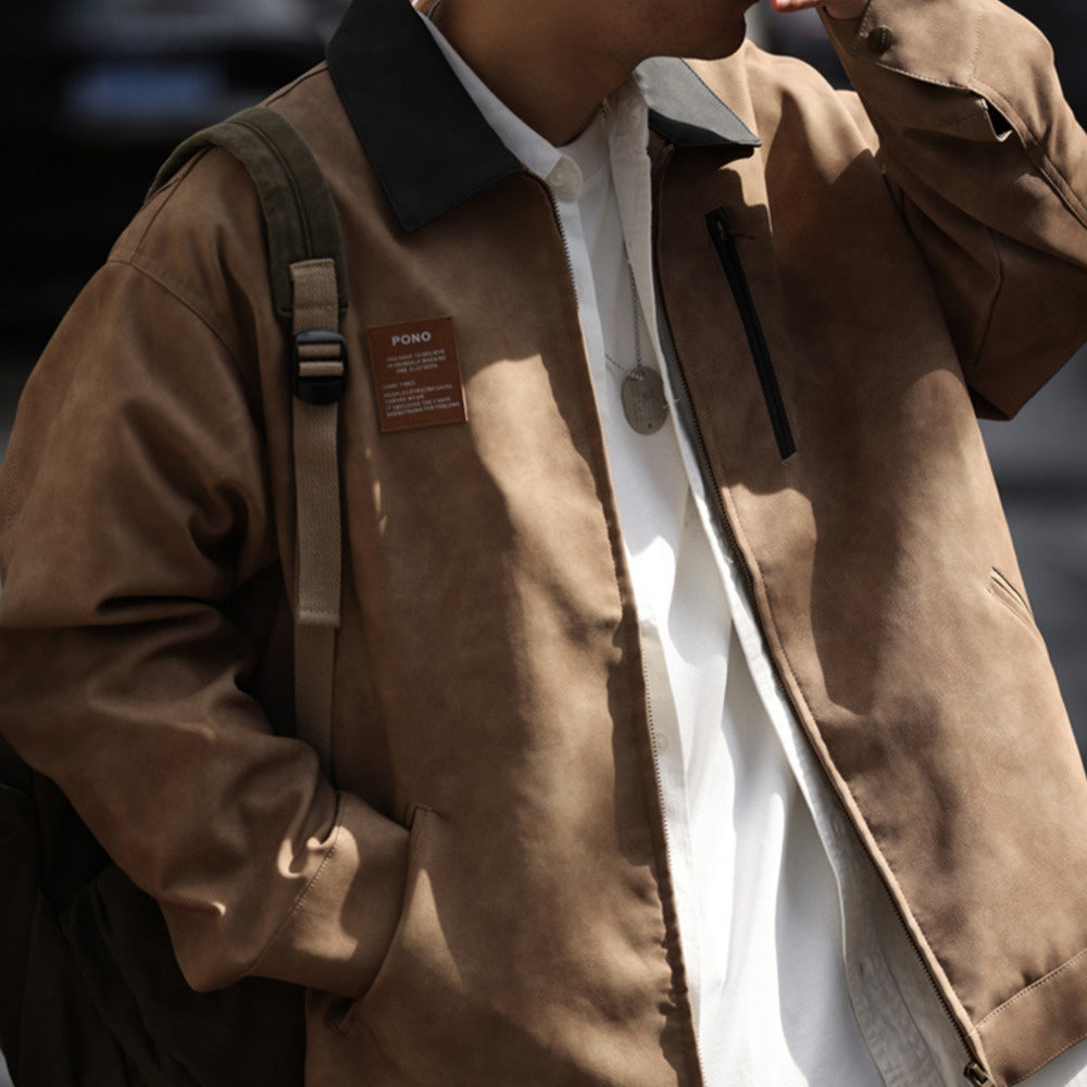 PU Pickup Hart Jacket Men's Texture Pique Handsome Corridor Style Contrast Collar Motorcycle Coat