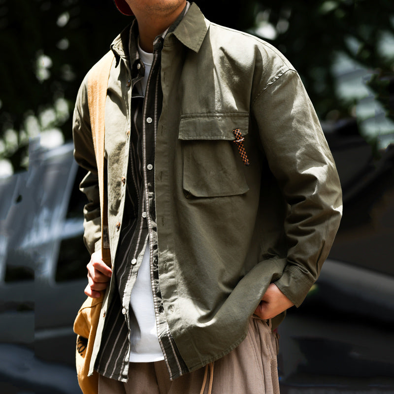 Outdoor mountain workwear shirt, men's army green light fermented wash