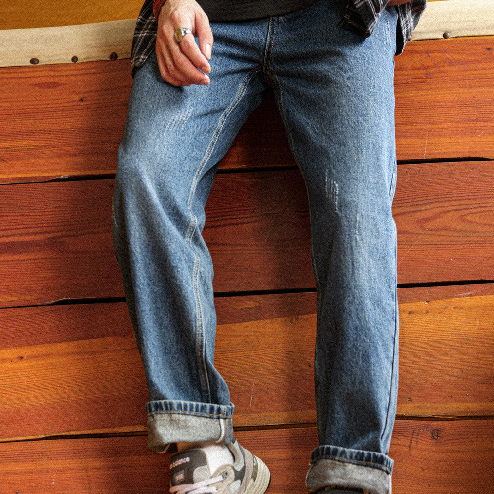 12.8-ounce washed blue jeans with cat whiskers worn loose straight leg casual pants