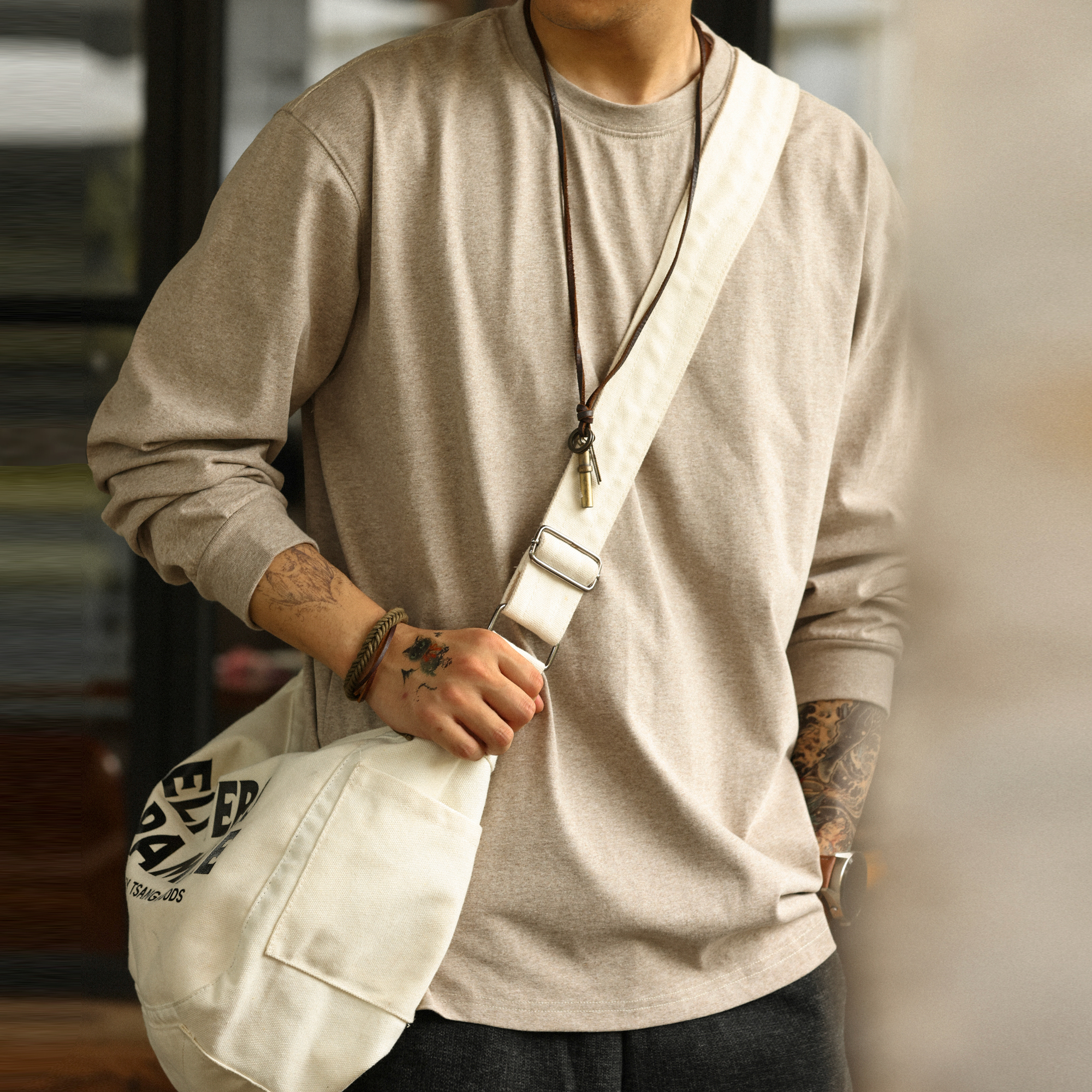 American Casual 260g Oat Gray Round Neck Men's Autumn Loose Basic T-Shirt