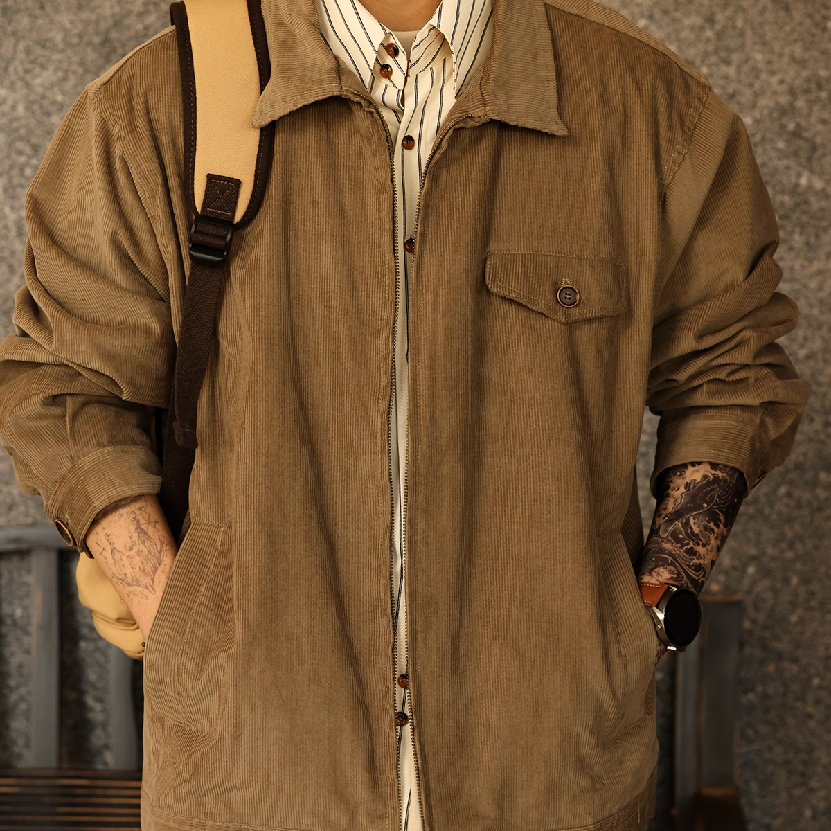 American Retro Men'S Loose 360g Lapel Corduroy Jacket