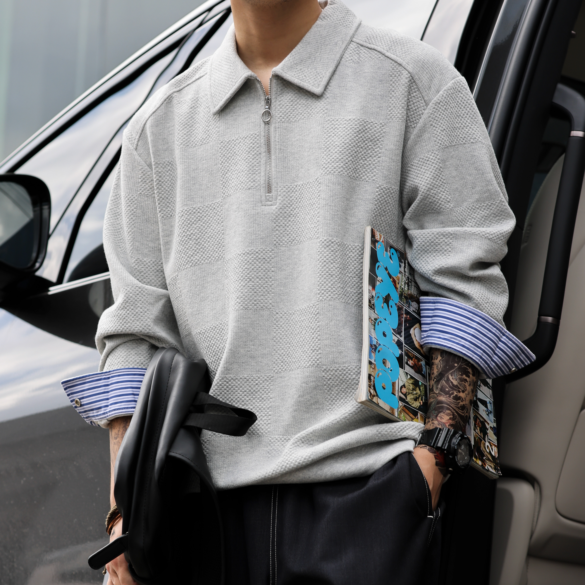 American Casual Half Zipper Men'S Jacquard Knitted Layered Long Sleeved Polo Shirt