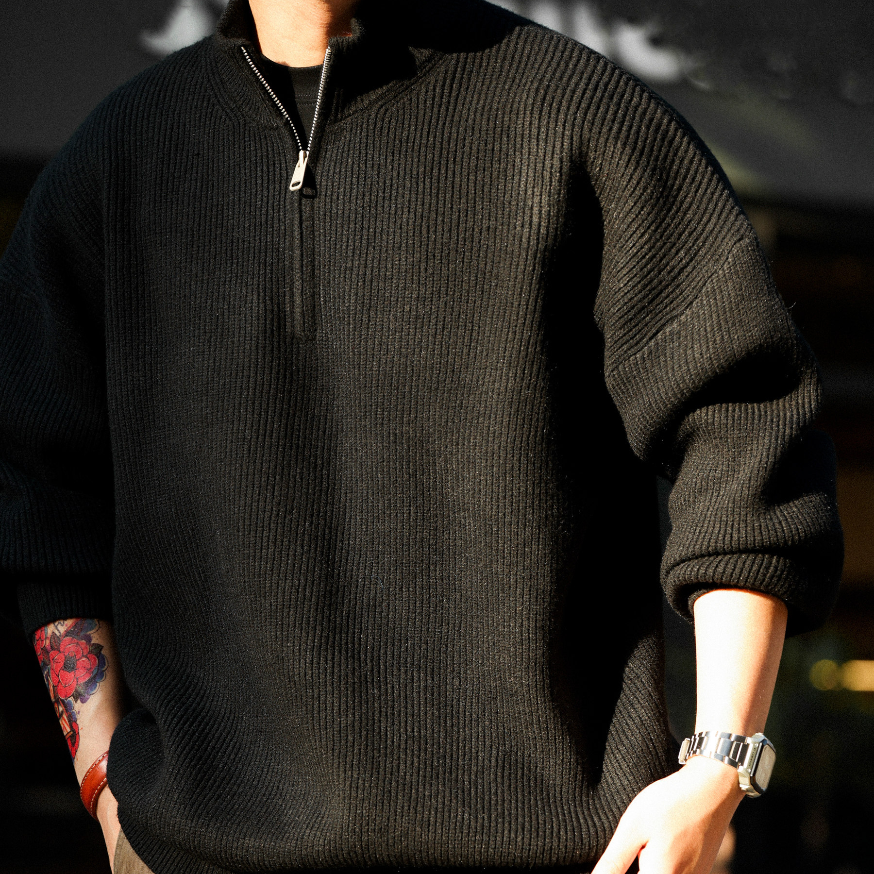 American Retro Half Zipper Stand Up Collar Men'S 700g Retro Lazy Style Warm Sweater Jacket