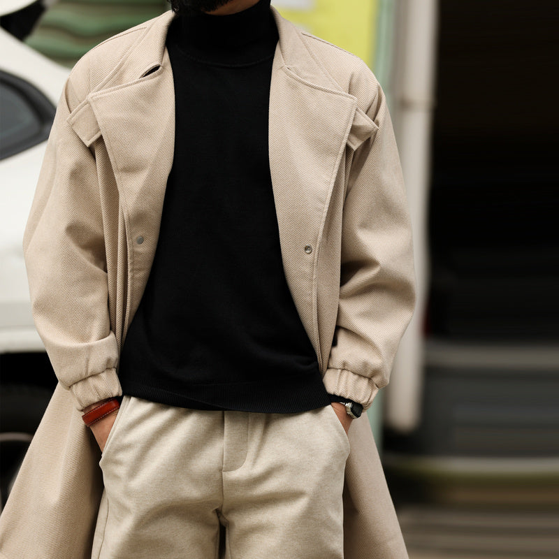 British style casual mid length slightly wide press double breasted design with a sense of coat and jacket