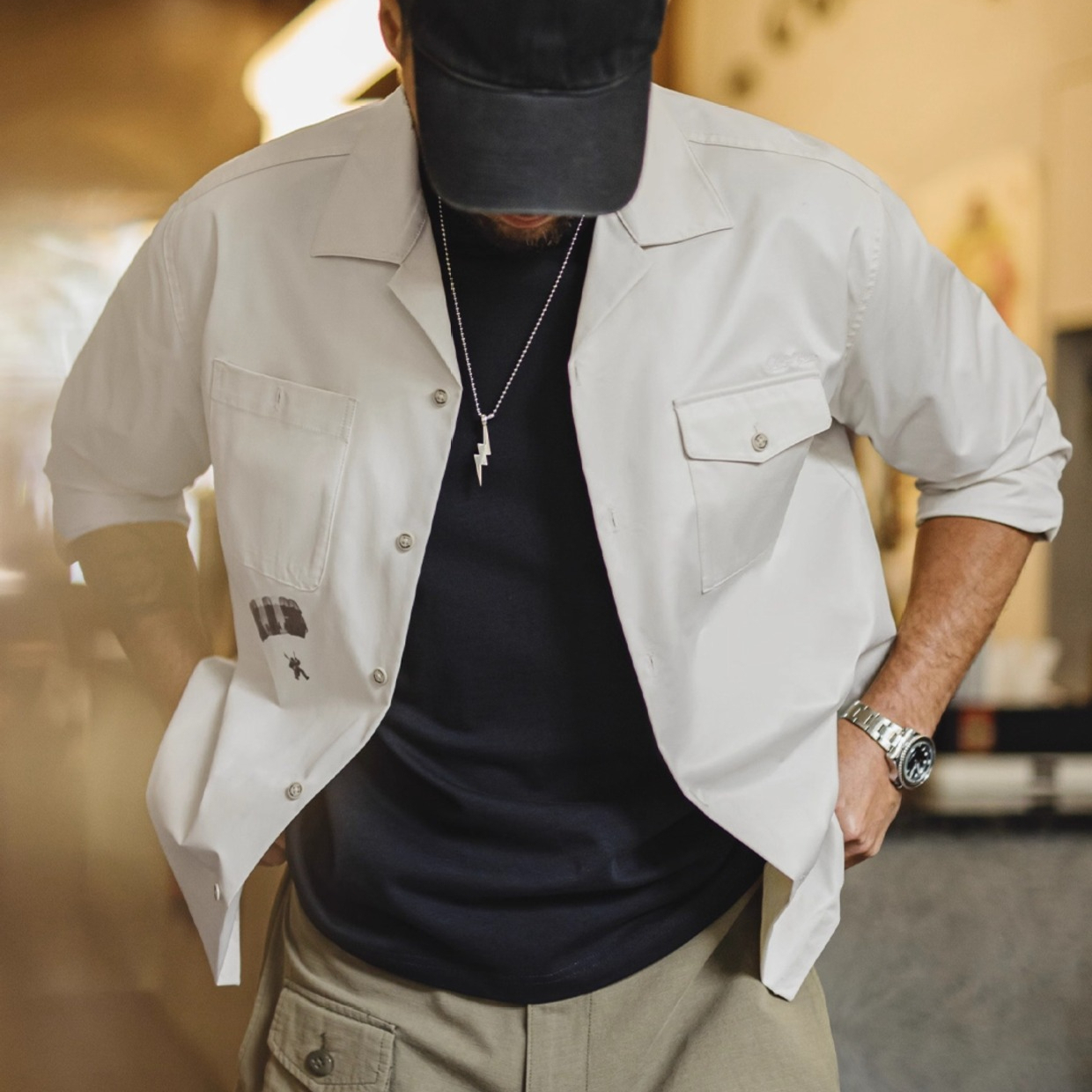 American retro printed Cuban collar loose white casual long sleeved shirt