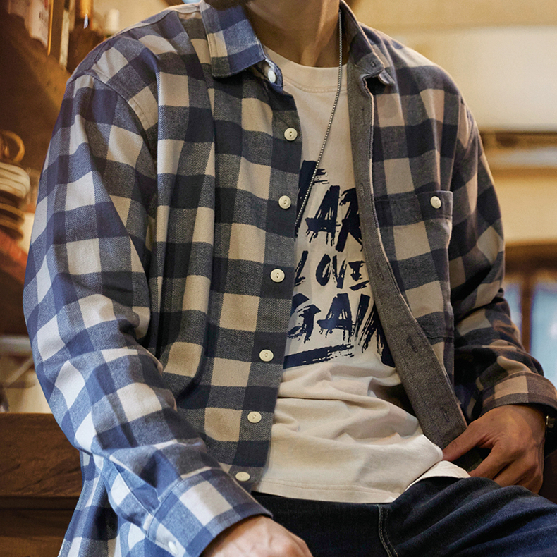 2025 Autumn New American Relaxation Men's Lyocell Blue Checkered Shirt