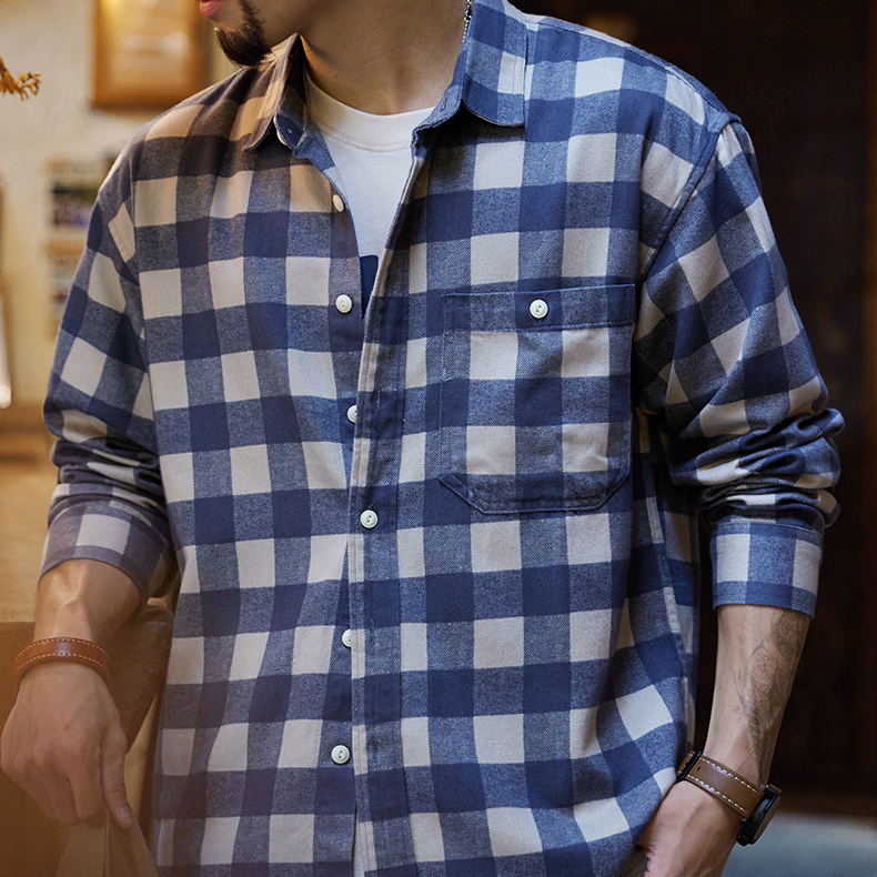 2025 Autumn New American Relaxation Men's Lyocell Blue Checkered Shirt