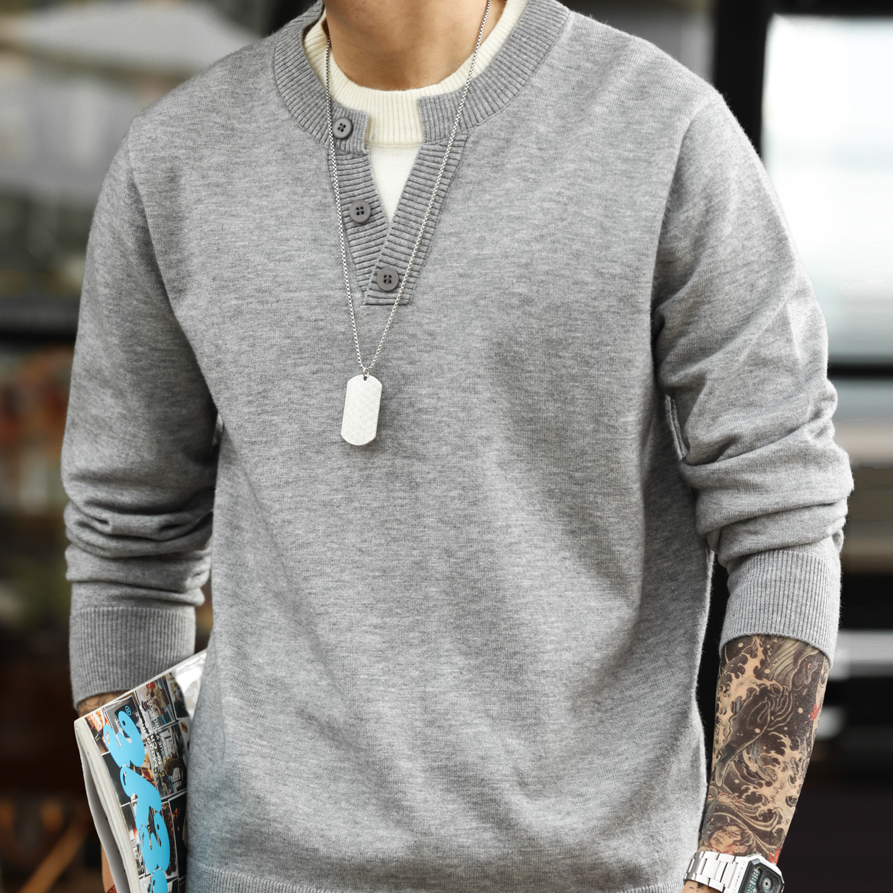 American Casual Vacation Two Piece Spliced V-Neck Men'S Wool T-shirts