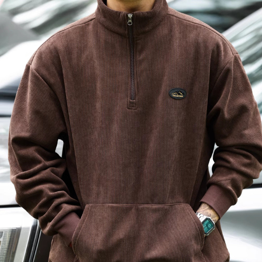 Vintage half-zip stand-up collar corduroy sweatshirt padded warm cleanfit tops jacket